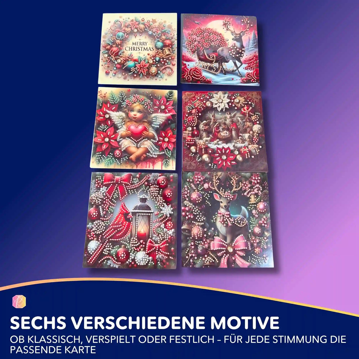 Sechs funkelnde Diamond Painting Weihnachtskarten mit Rentier, Engel und Weihnachtskranz Motiven zum Selbermachen.