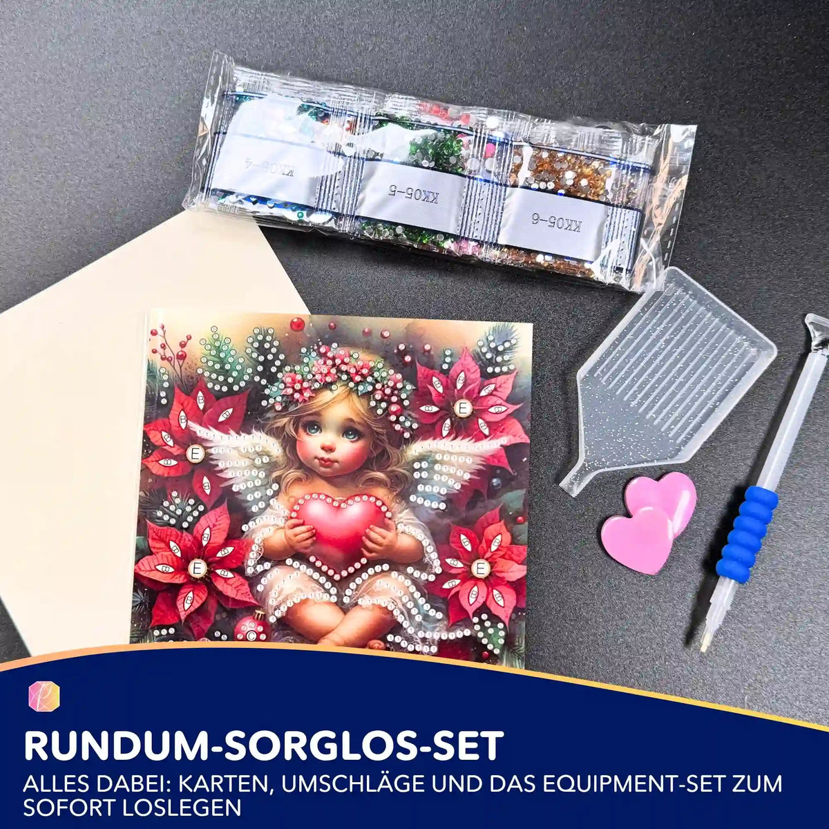 Diamond Painting Weihnachtskarte mit Engel-Motiv inkl. Steinchen, Stift und Schale für ein DIY-Bastelprojekt.