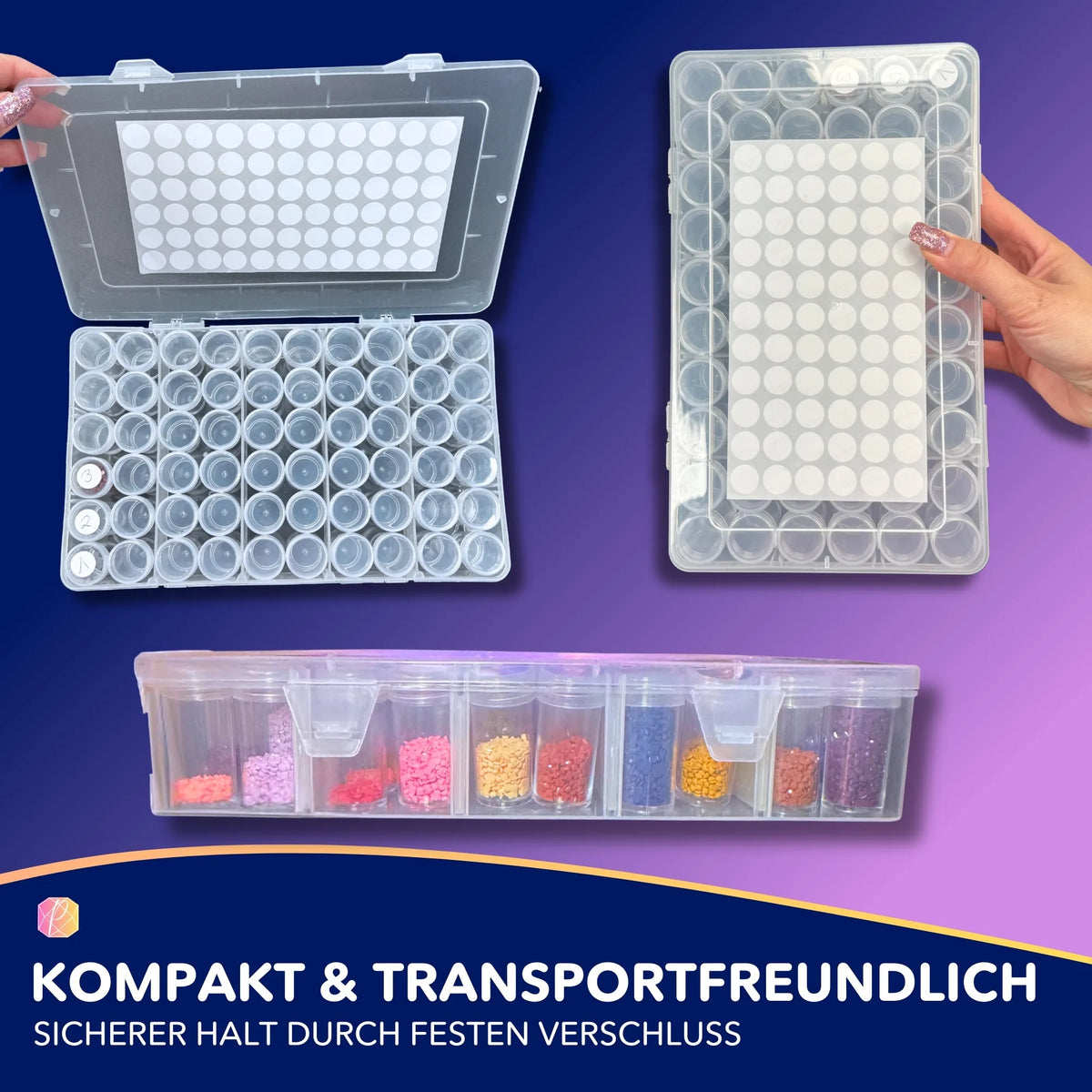 Diamond Painting Aufbewahrungsbox mit 60 Dosen für Steine inklusive Etiketten zur Organisation von DIY-Bastelsets