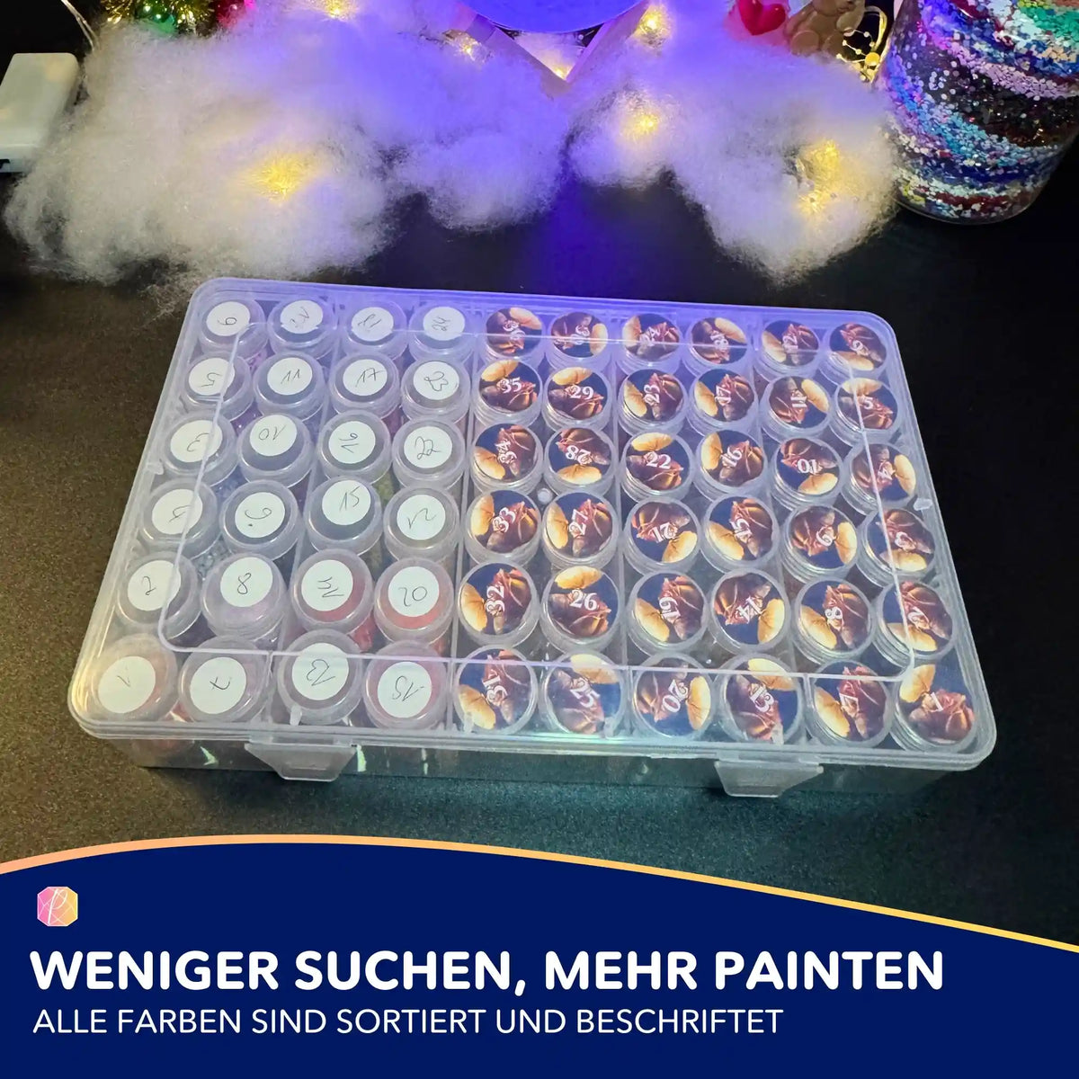 Diamond Painting Aufbewahrungsbox mit 60 beschrifteten Dosen zur Sortierung von funkelnden Steinen und Bastelzubehör