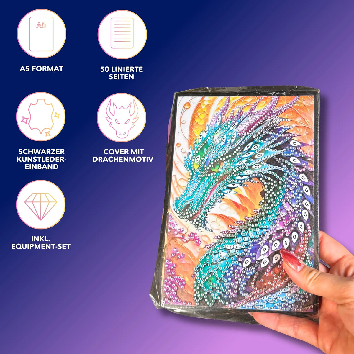 Diamond Painting Notizbuch A5 mit buntem Drachen Motiv, inklusive Equipment-Set und schwarzem Kunstledereinband