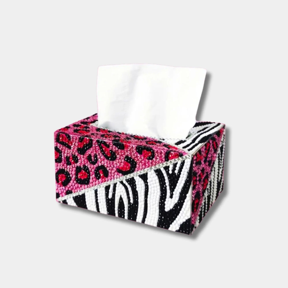Diamond Painting Taschentücher-Box mit funkelnden Strasssteinen in Pink und Zebra-Tiermustern als DIY Bastelset
