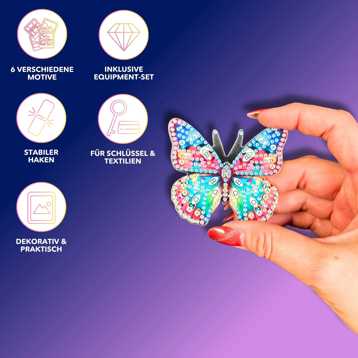 Diamond Painting Wandhaken als bunter Schmetterling mit Zubehör-Übersicht für kreative DIY-Wanddeko