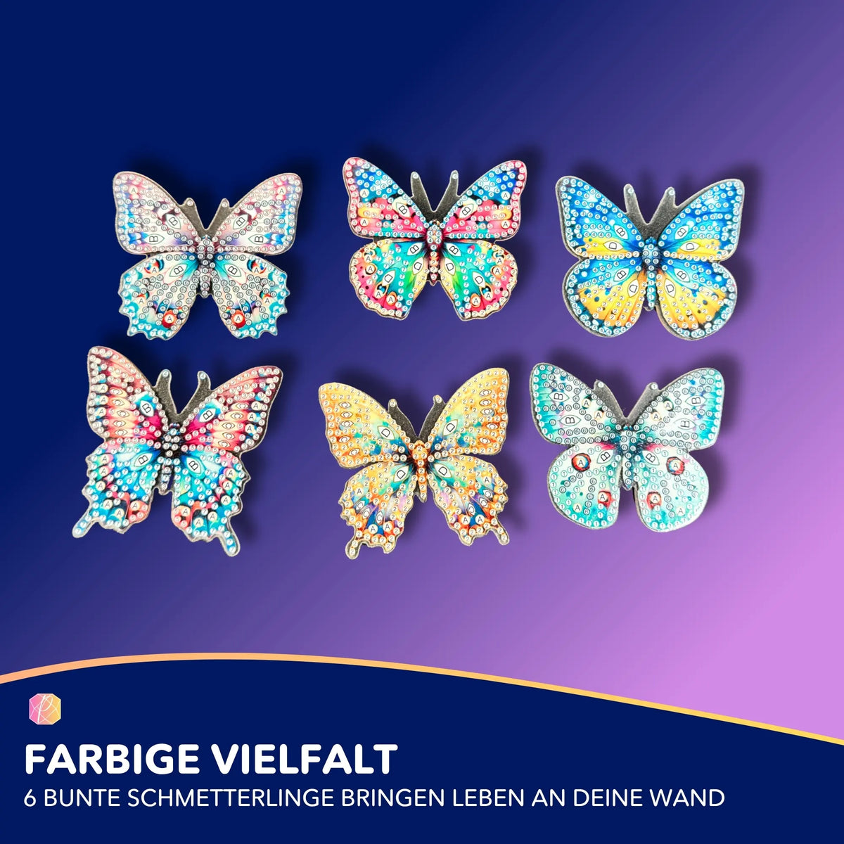 Sechs bunte Schmetterlings-Wandhaken zum Basteln als Diamond Painting Set mit funkelnden Motiven zur Wanddeko.
