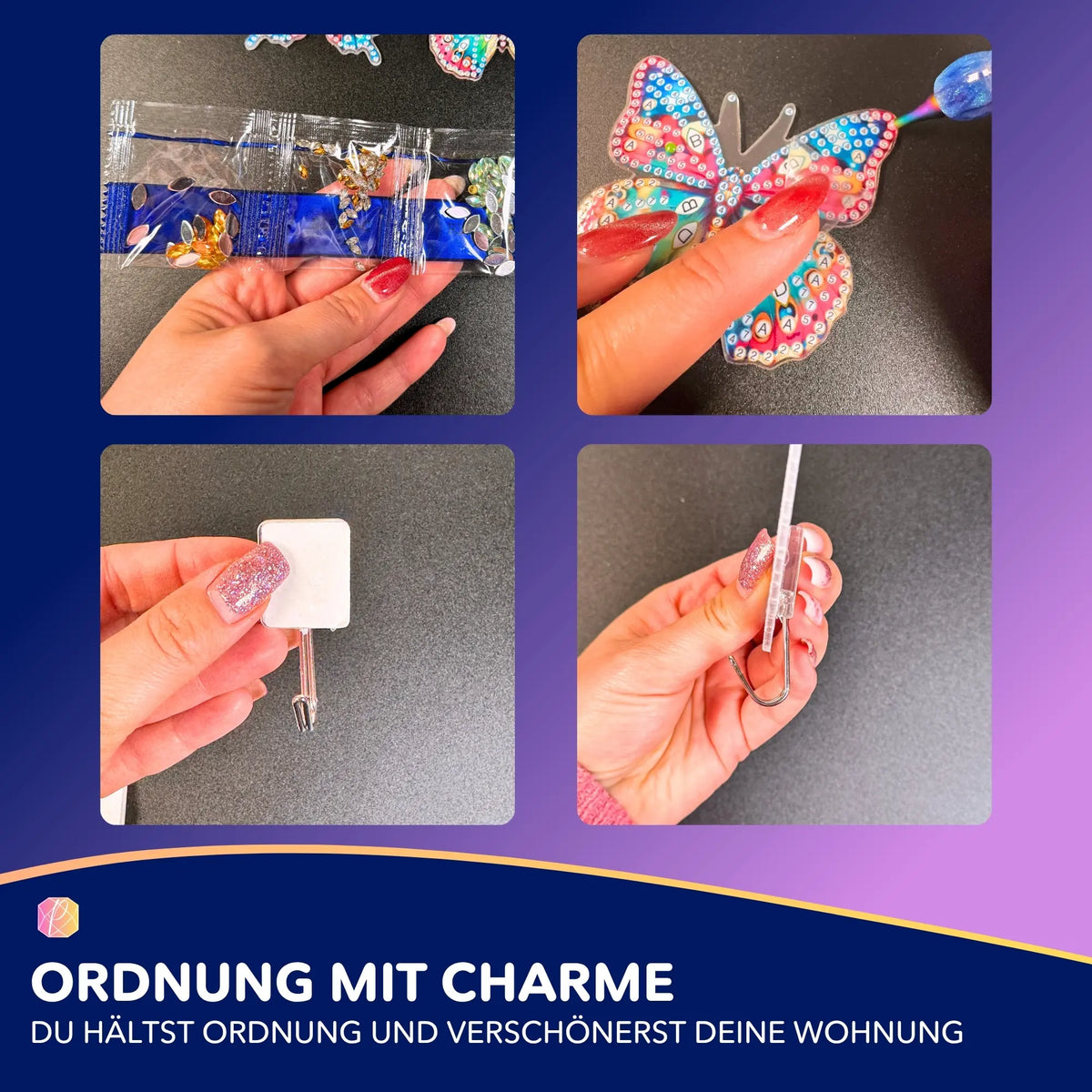 Diamond Painting Wandhaken Set mit Schmetterlingsmotiv, bunten Glitzersteinen und Bastelanleitung für dekorative Haken.