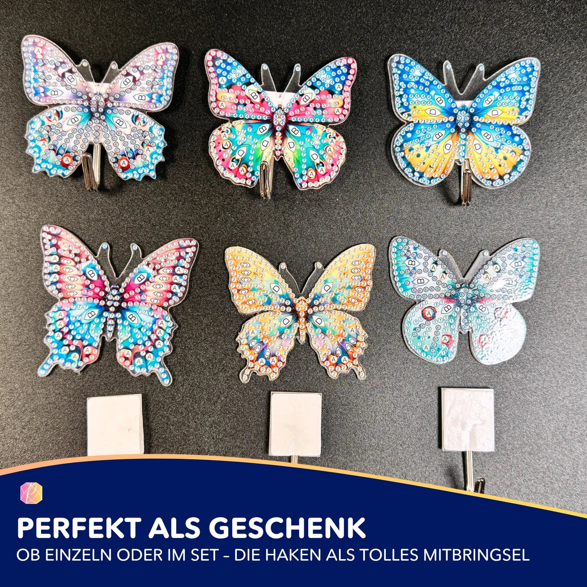 Diamond Painting Wandhaken Set mit sechs bunten Schmetterlingsmotiven zum Selberbasteln als dekorative Zimmerdeko
