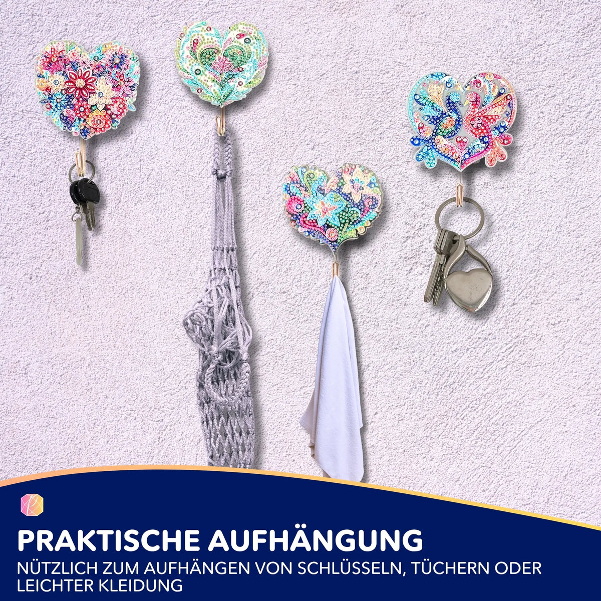 Funkelnde Diamond Painting Wandhaken mit bunten Mosaikherzen als dekorative Aufhängung für Schlüssel und Tücher