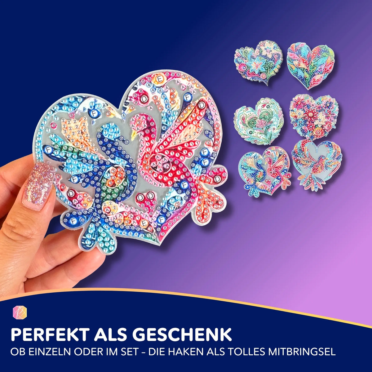 Diamond Painting Wandhaken Set mit bunten Mosaikherzen und detaillierten Vogel-Motiven als DIY-Bastelprojekt