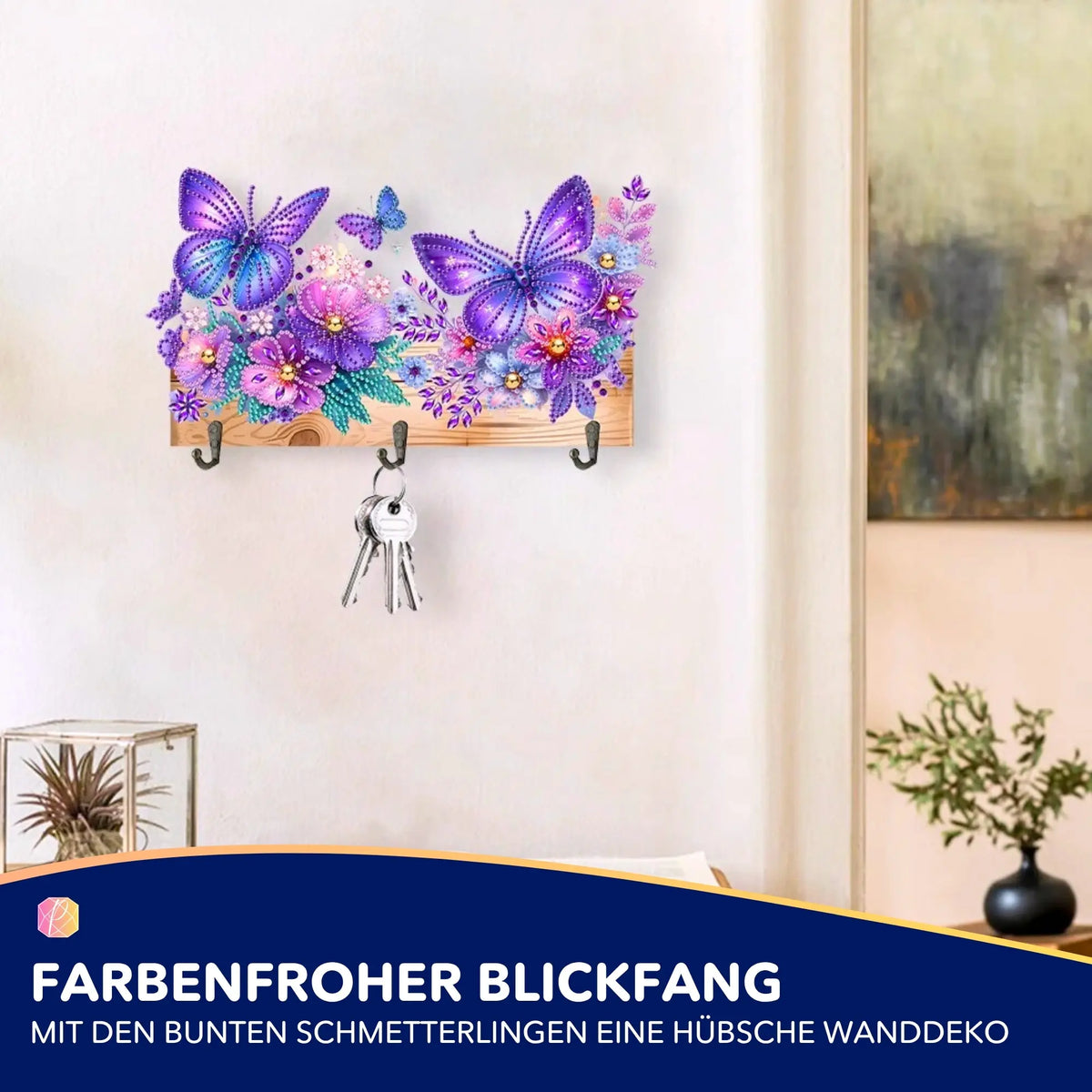 Funkelndes Diamond Painting Schlüsselbrett mit bunten Schmetterlingen und Blumen als dekorative Wanddeko.
