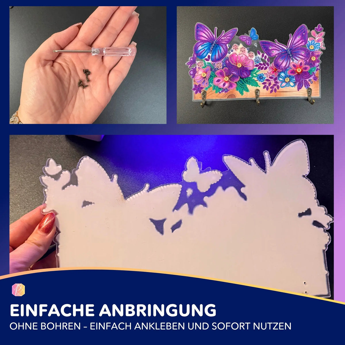 Diamond Painting Schlüsselbrett DIY-Set mit buntem Schmetterlingsmotiv, zur Selbstgestaltung inklusive Schraubzubehör.