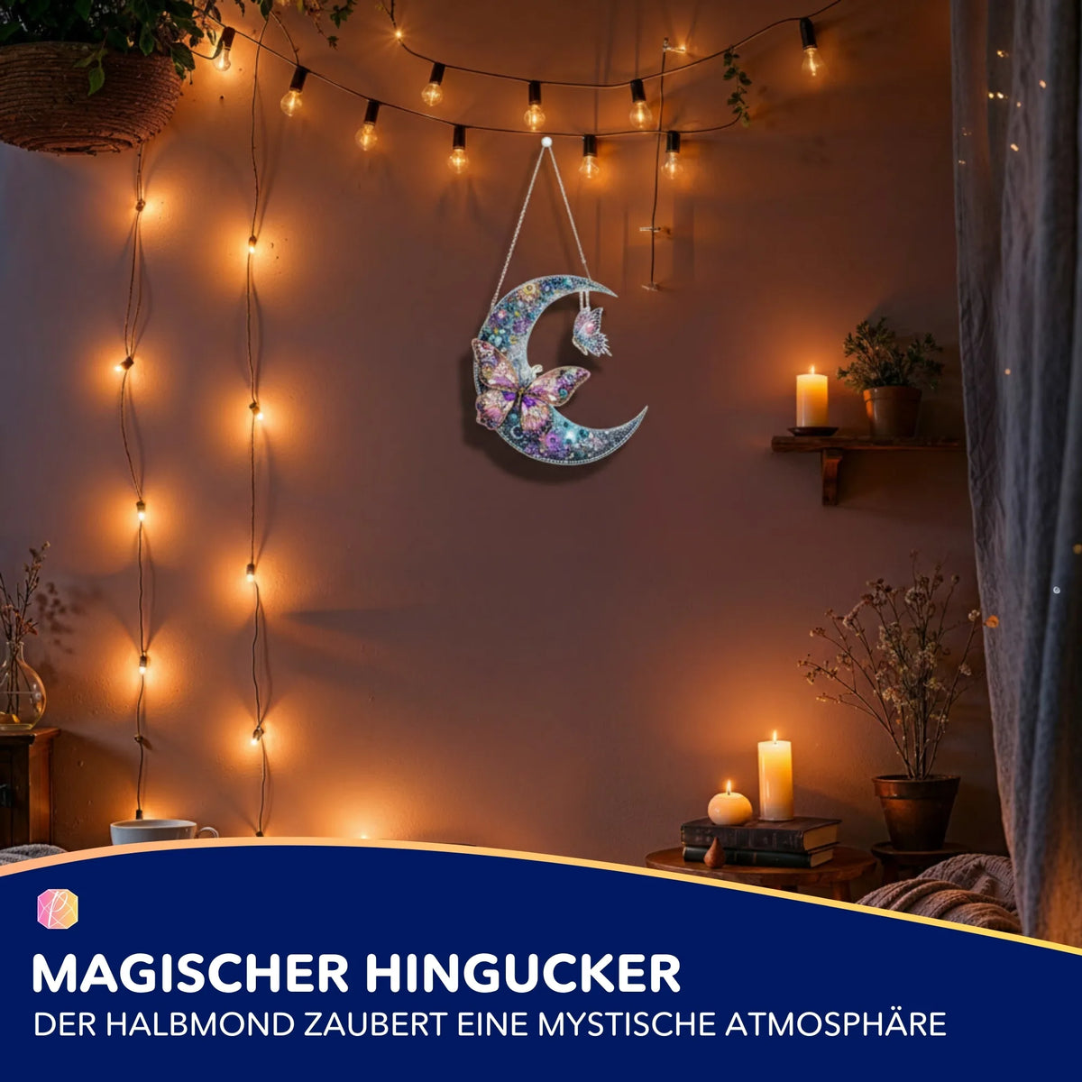 Glitzernder Diamond Painting Aufhänger als Halbmond mit Schmetterlingen in stimmungsvoller Wanddekoration