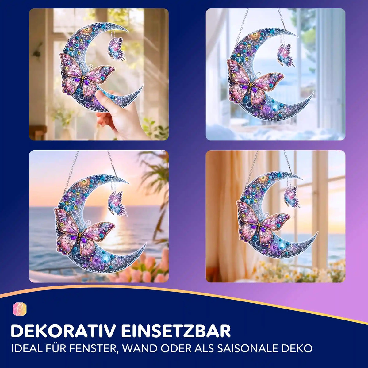 Glitzernder Diamond Painting Aufhänger als Halbmond mit pinken Schmetterlingen zur Wand- und Fensterdekoration