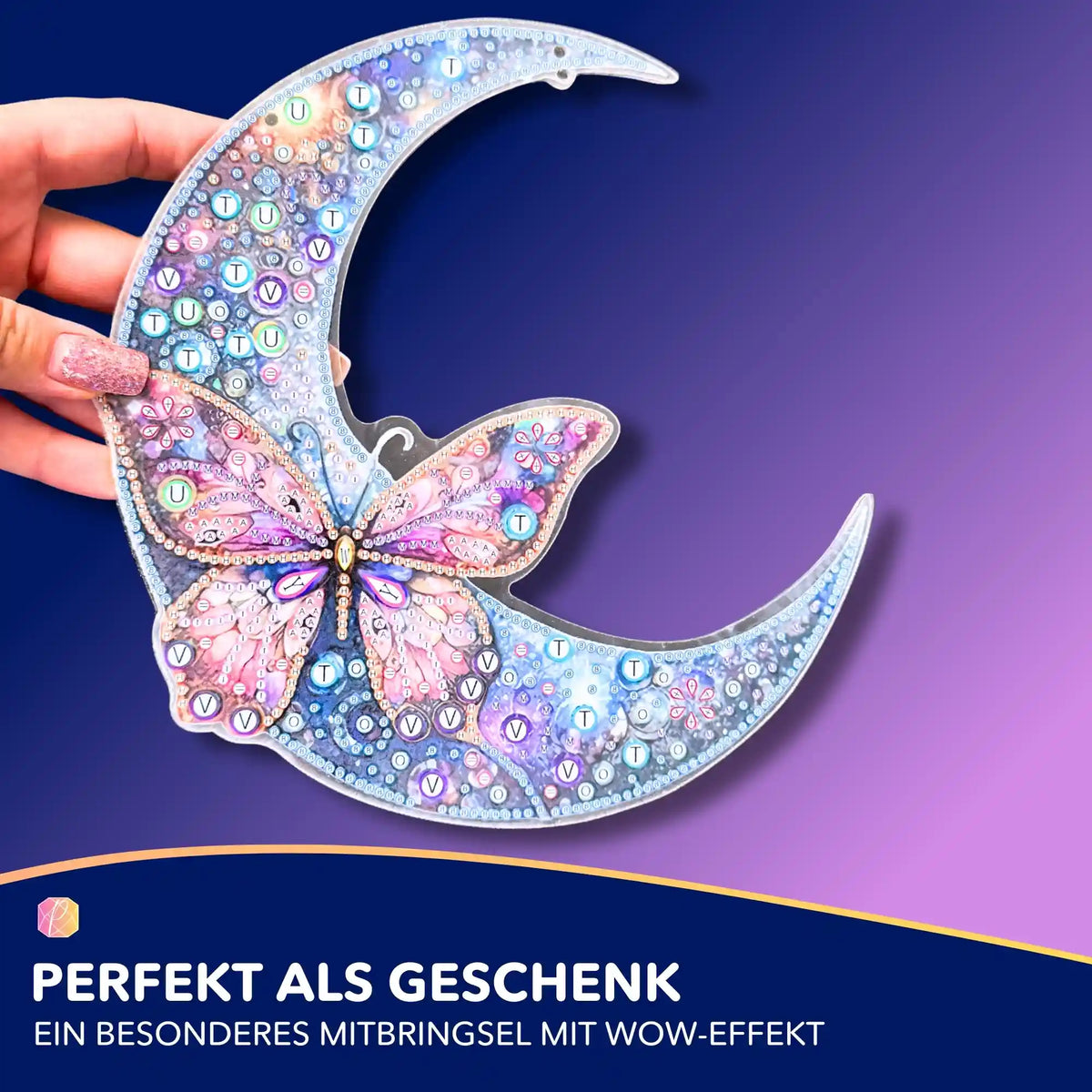 Diamond Painting Aufhänger Halbmond mit Schmetterling Motiv als DIY Wanddekoration zum Besetzen mit Schmucksteinen
