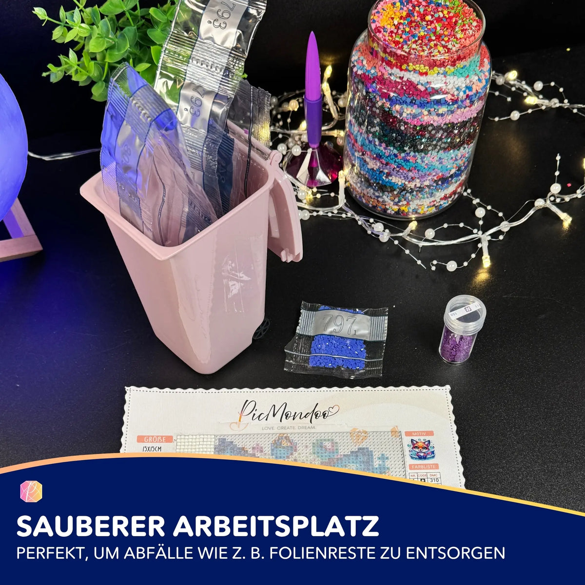 Rosa Tischmülltonne als praktisches Diamond Painting Zubehör für einen sauberen Arbeitsplatz beim Basteln