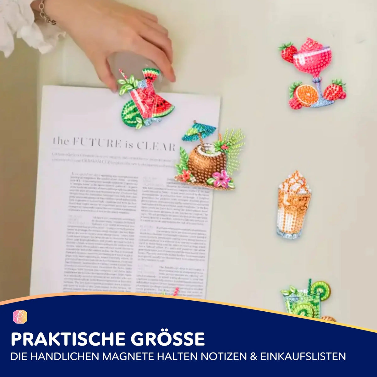 Bunte Diamond Painting Kühlschrankmagnete mit Cocktail-Motiven und glitzernden Steinen zur Dekoration von Notizen