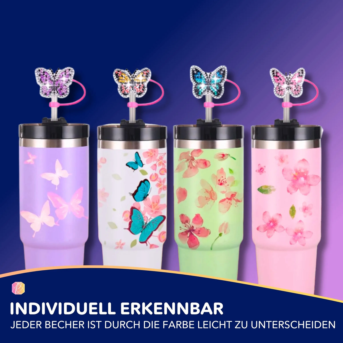 Funkelnde Diamond Painting Schmetterlings-Verschlüsse für Trinkbecher als kreatives DIY Zubehör für Partys.