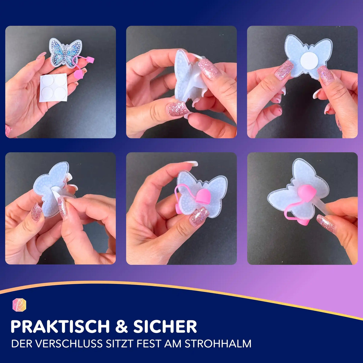 Anleitung für bunte Diamond Painting Schmetterlings-Verschlüsse zur Befestigung an Trinkbecher-Strohhalmen