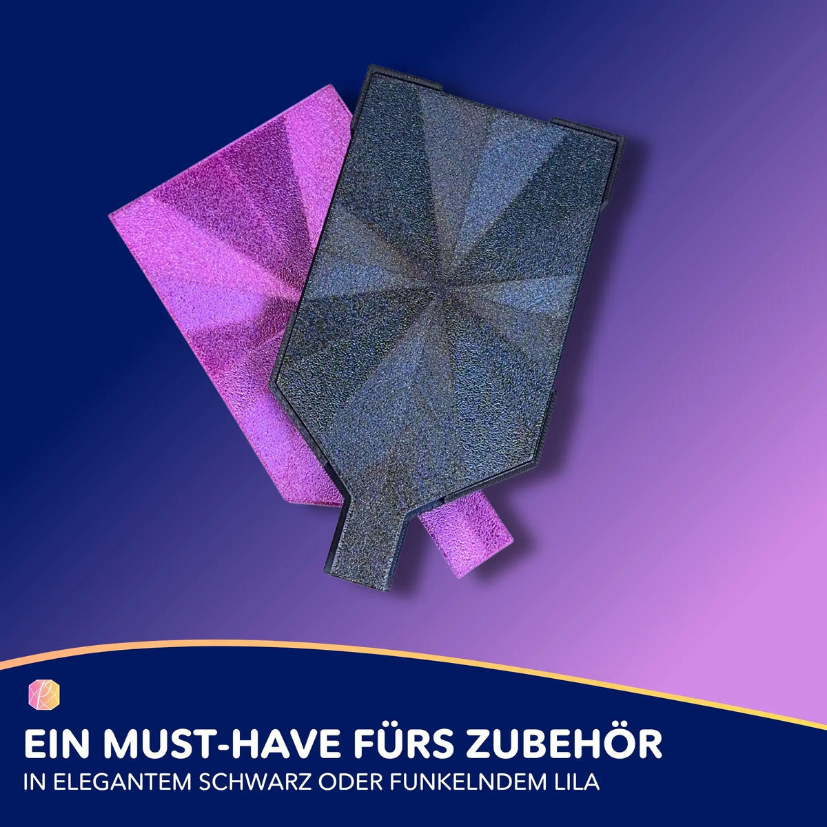 Diamond Painting Glitzerschiffchen in Lila und Schwarz als praktisches Zubehör zum Sortieren der Diamanten.
