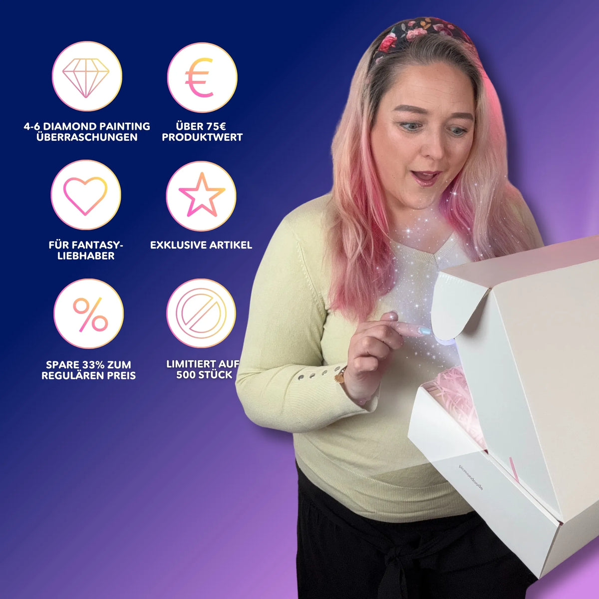 Picmondoo Diamond Painting Mystery Box Fantasy Edition mit exklusiven Bastelgeschenken und glitzernden Überraschungen.