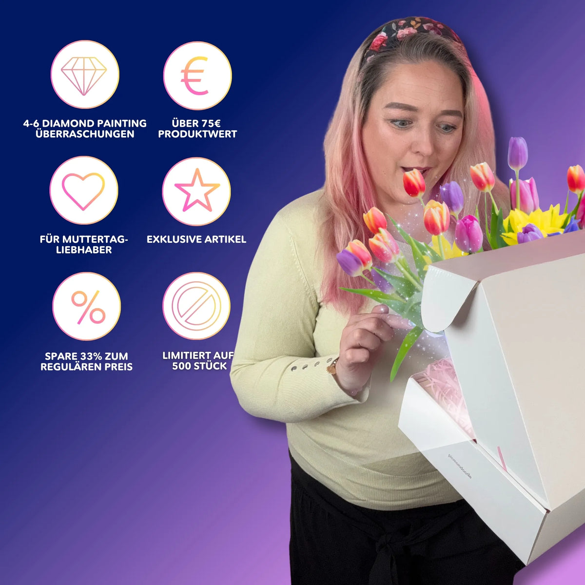 Frau öffnet eine Diamond Painting Mystery Box als limitiertes Muttertagsgeschenk mit Tulpen und Bastelzubehör