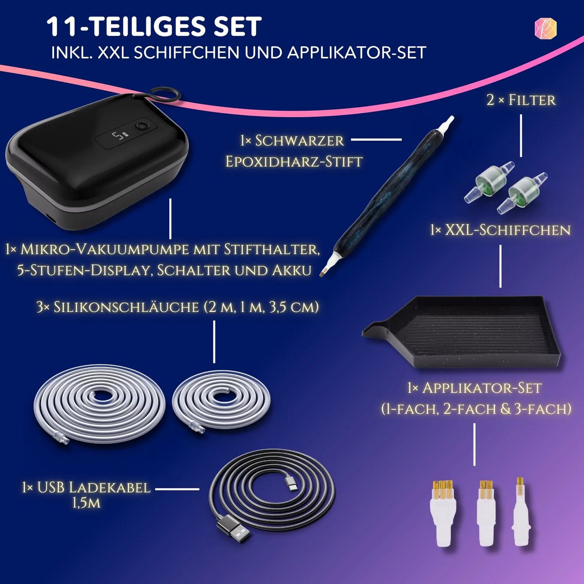 11-teiliges E-Painter Black Edition Diamond Painting Set mit elektrischem Vakuum-Stift, XXL-Schiffchen und Zubehör