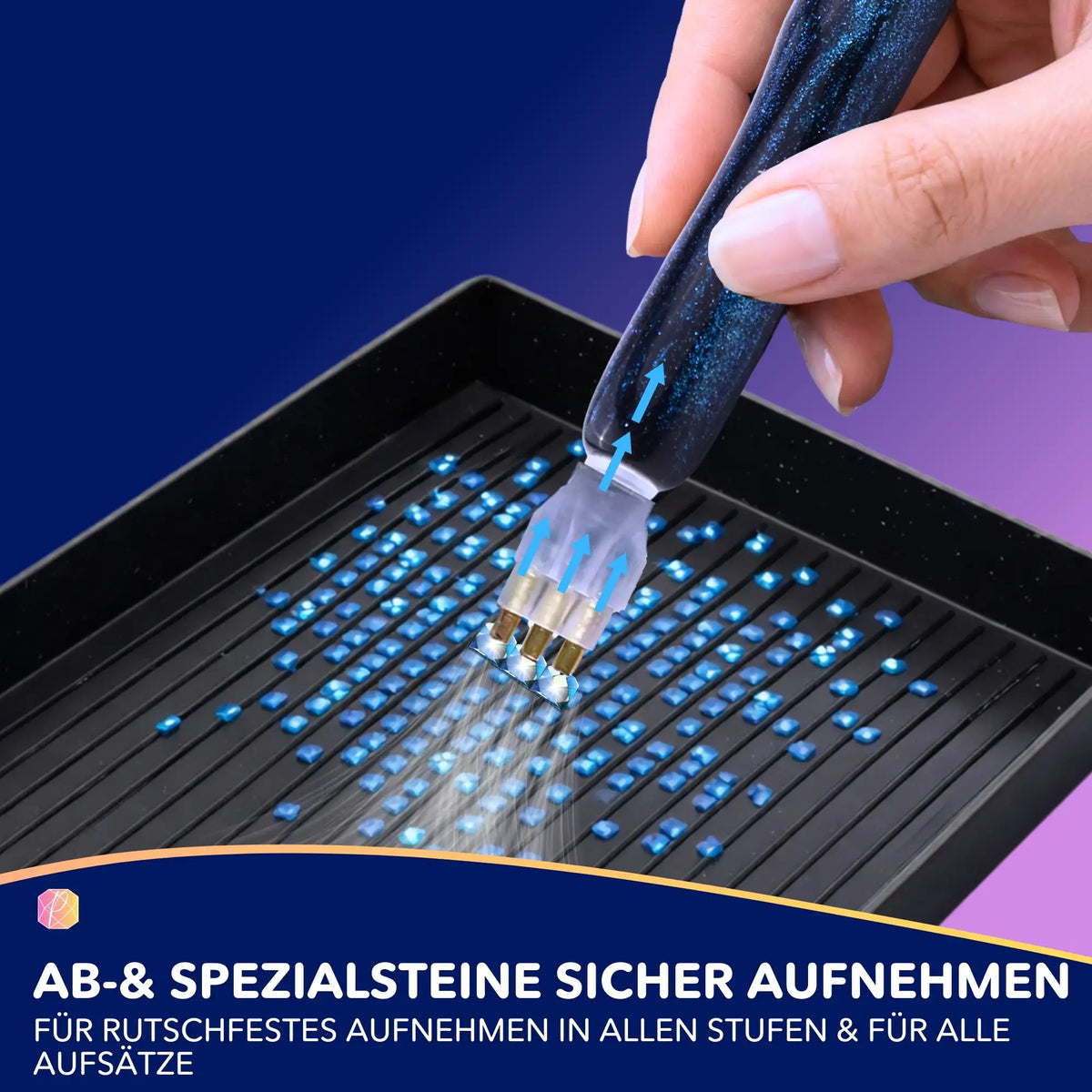 E-Painter Black Edition: Elektrischer Diamond Painting Stift mit Vakuumsystem zum präzisen Aufnehmen blauer Steinchen.