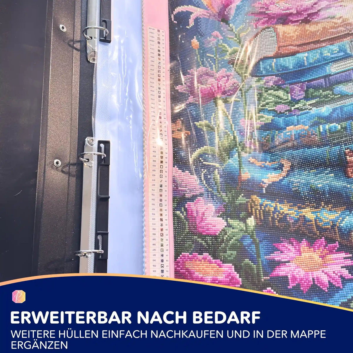 Diamond Painting Sammelmappe mit einsortiertem 5D Diamond Painting Bild und detaillierter Legenden-Leiste