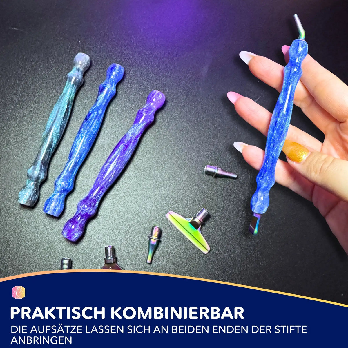Drei glitzernde Diamond Painting Stifte mit Metall-Aufsätzen und Korrekturschieber für präzises Arbeiten.