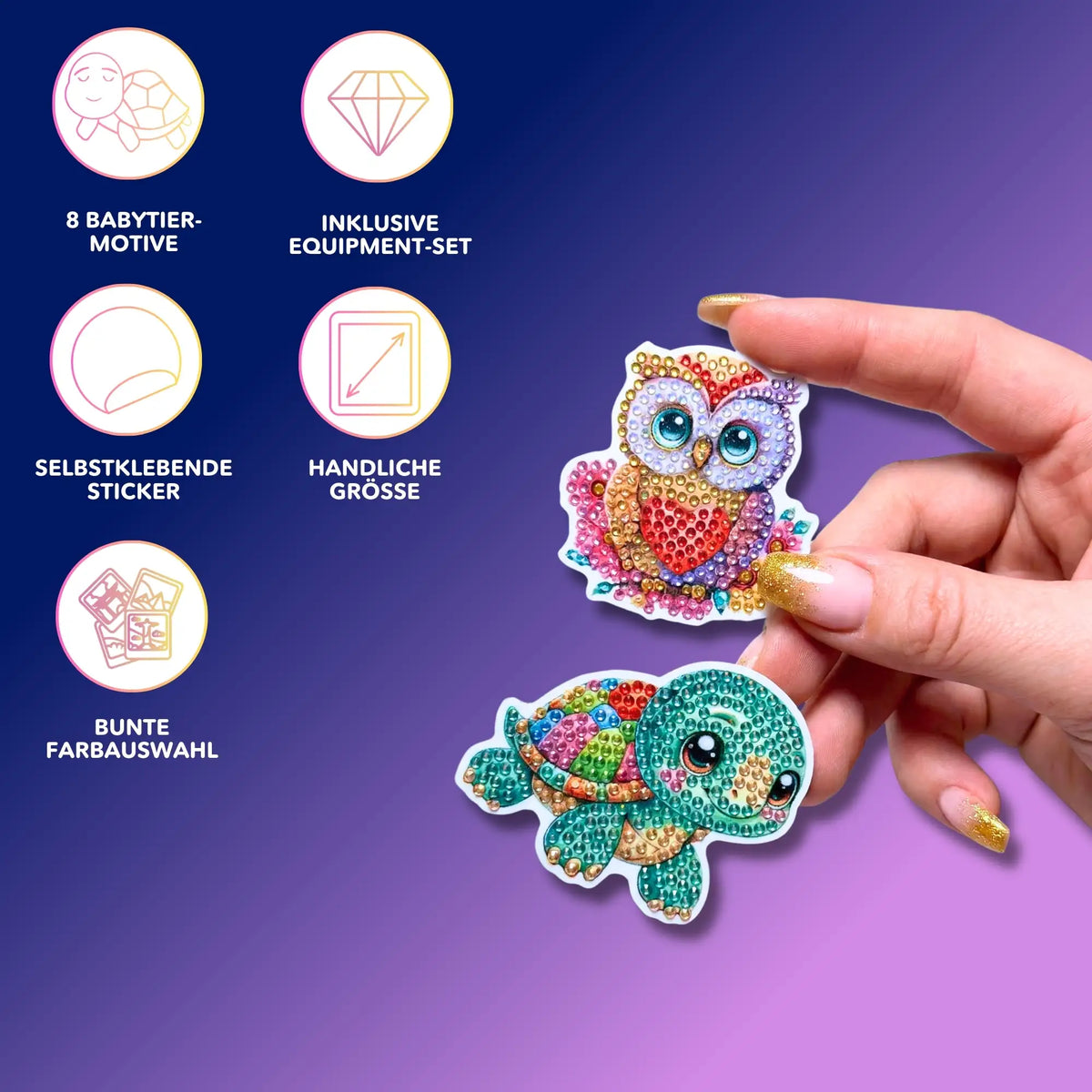 Diamond Painting Sticker Set mit bunten Babytier-Motiven wie Eule und Schildkröte ideal für Einsteiger
