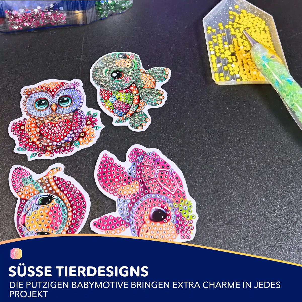 Diamond Painting Sticker Set mit bunten Tiermotiven, Zubehör und Steinchen für kreatives Basteln