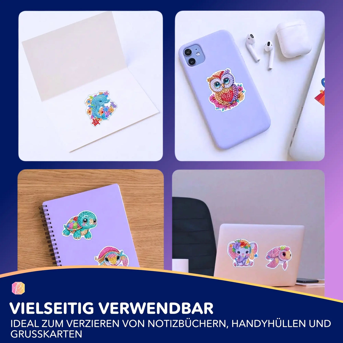Bunte Diamond Painting Sticker mit Tier-Motiven zur individuellen Verzierung von Handys, Notizbüchern und Karten.