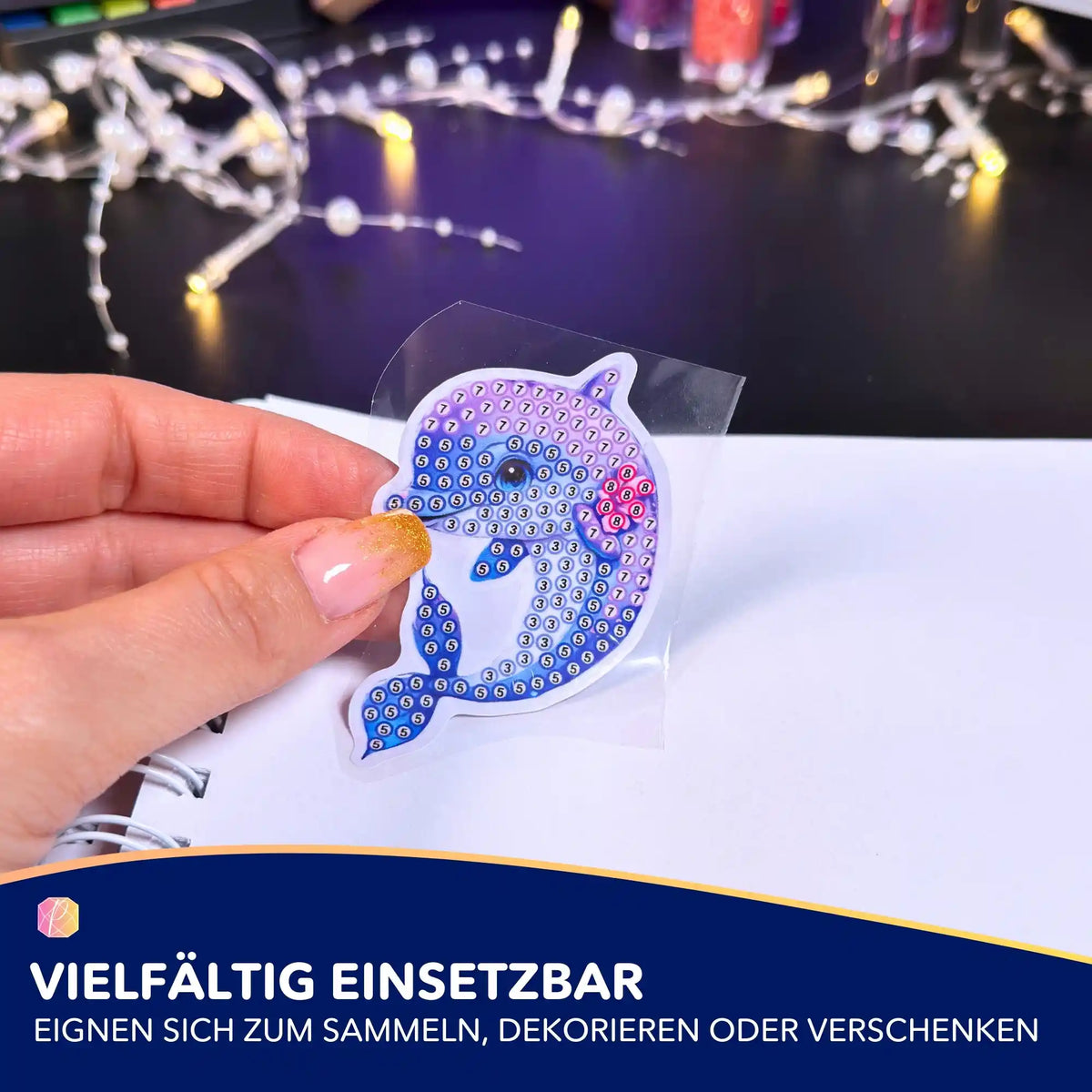 Diamond Painting Sticker in Delfin-Form mit nummerierten Feldern zum Basteln für Kinder und Anfänger