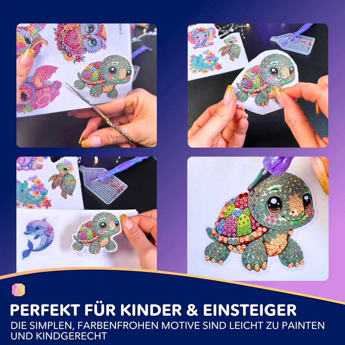 Diamond Painting Sticker Set mit bunten Tiermotiven wie Schildkröte und Eule zum Basteln für Kinder und Anfänger