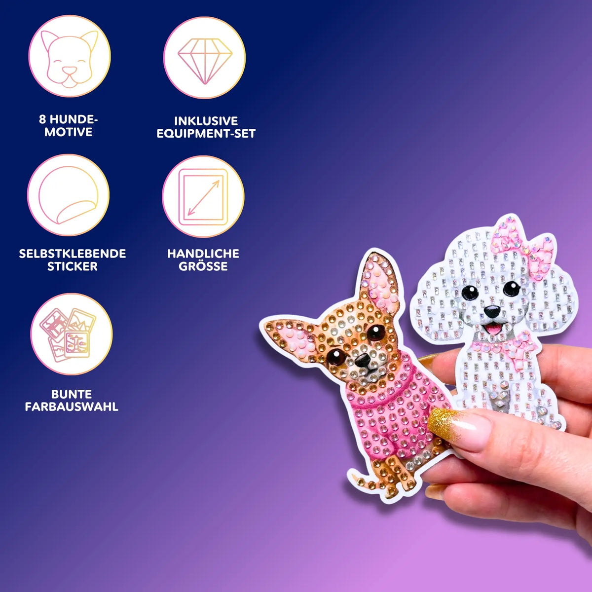 Diamond Painting Sticker Set mit süßen Hunde-Motiven aus funkelnden Steinen inklusive Zubehör für kreatives Basteln