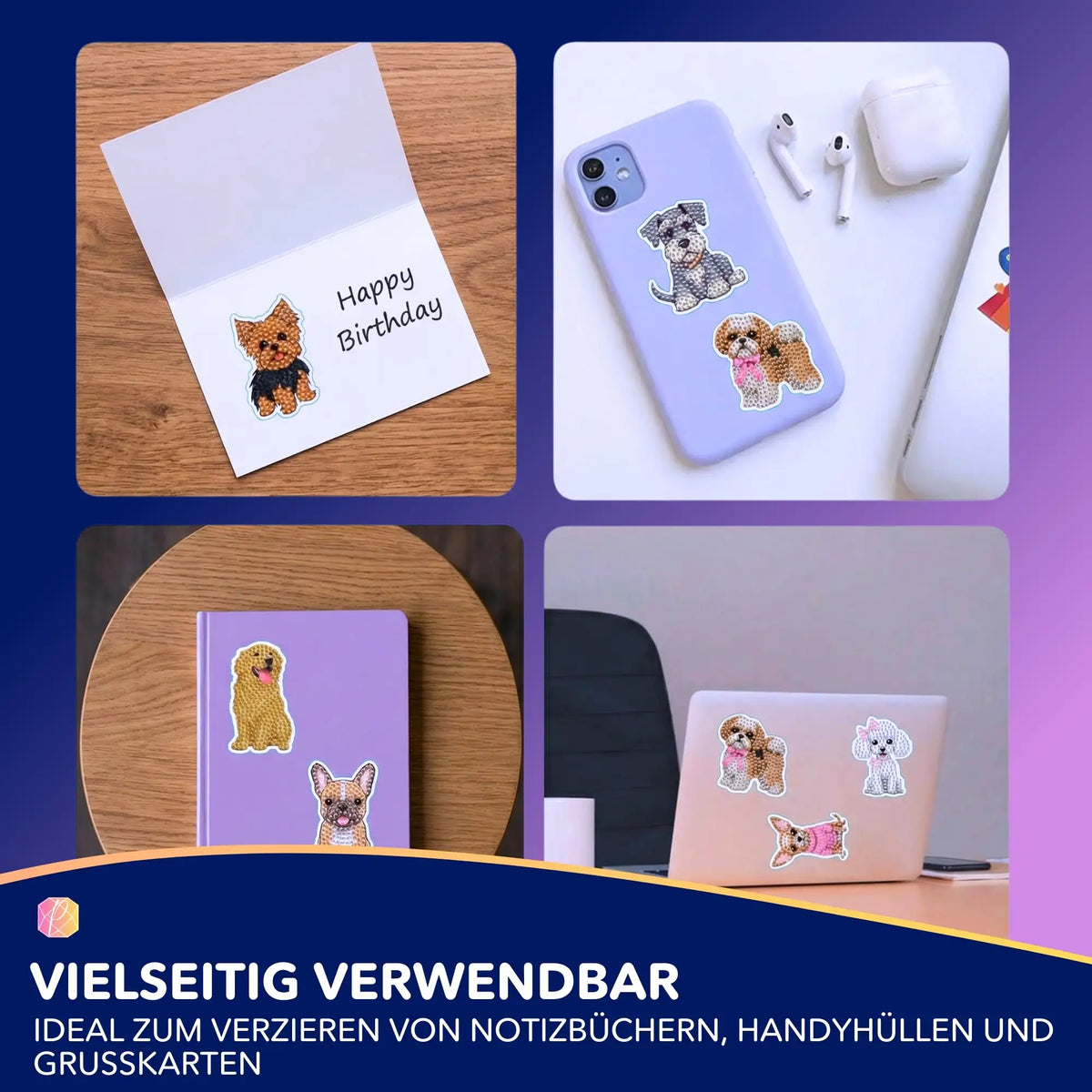 Diamond Painting Sticker Set mit süßen Hunde Motiven zum Verzieren von Handyhüllen, Notizbüchern und Grusskarten.
