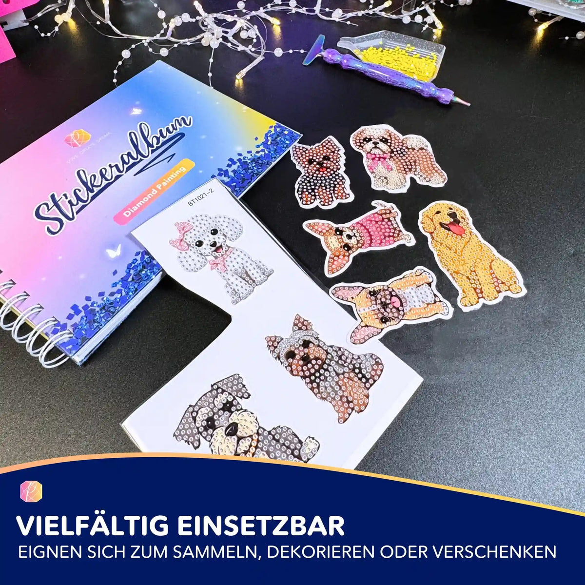 Diamond Painting Sticker Set mit niedlichen Hunde-Motiven für Kinder und Bastelfreunde auf einem Stickeralbum