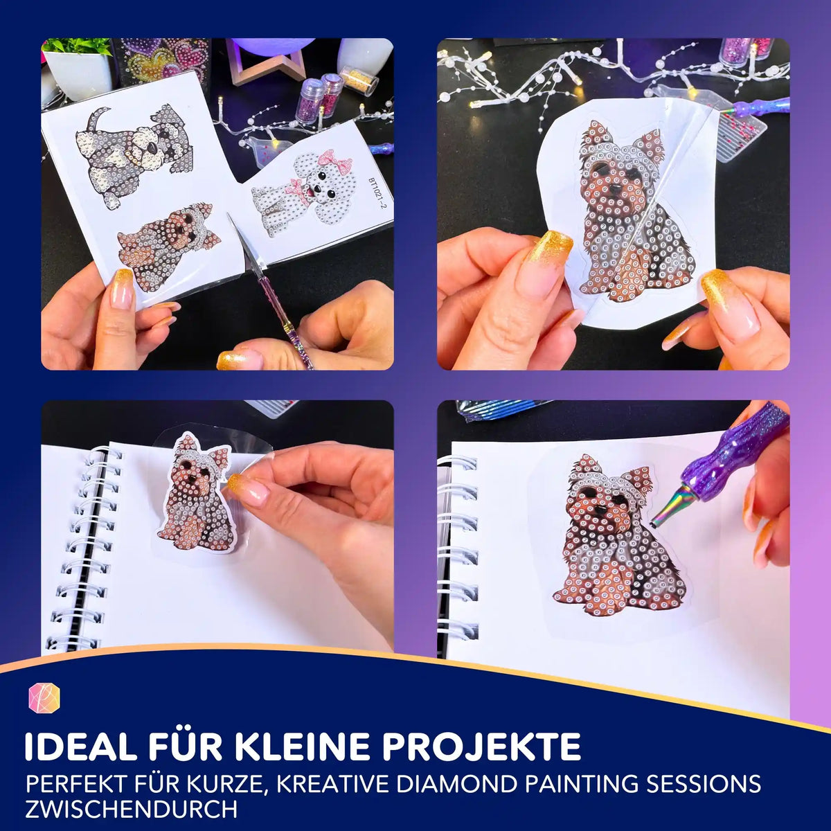 Diamond Painting Sticker Set mit niedlichen Hunde-Motiven beim Basteln und Dekorieren eines Notizbuchs