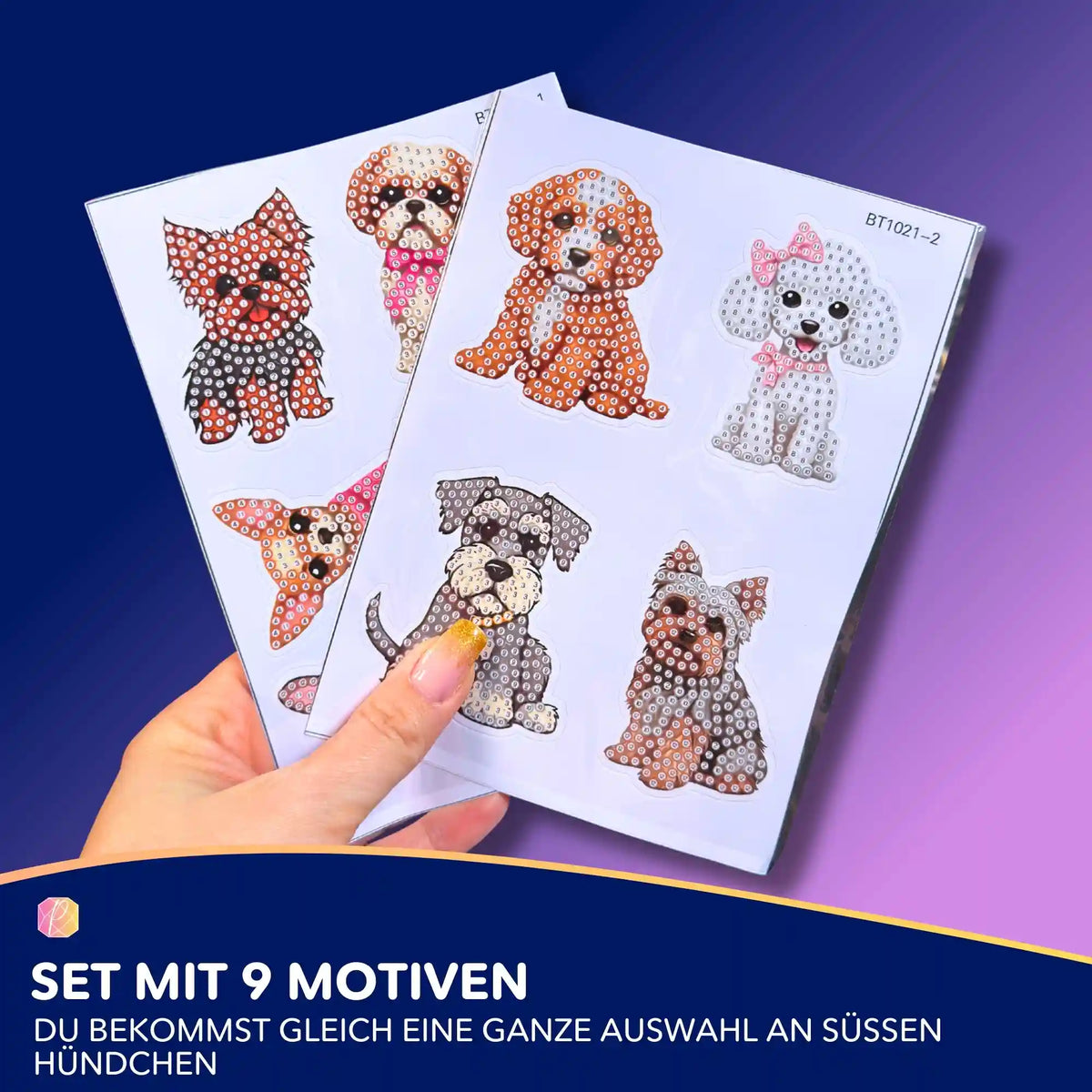 Diamond Painting Sticker Set mit niedlichen Hunde-Motiven für Kinder und Bastelfreunde zum selber Gestalten