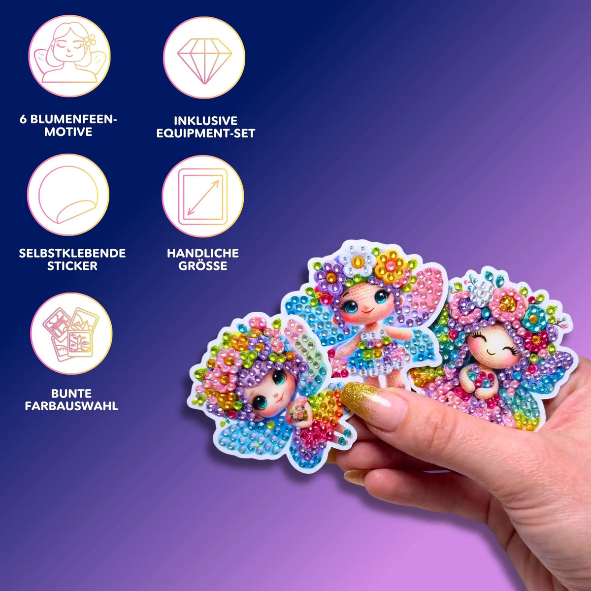 DIY Diamond Painting Sticker Set mit bunten Blumenfeen Motiven inklusive Equipment für Kinder und kreative Bastler