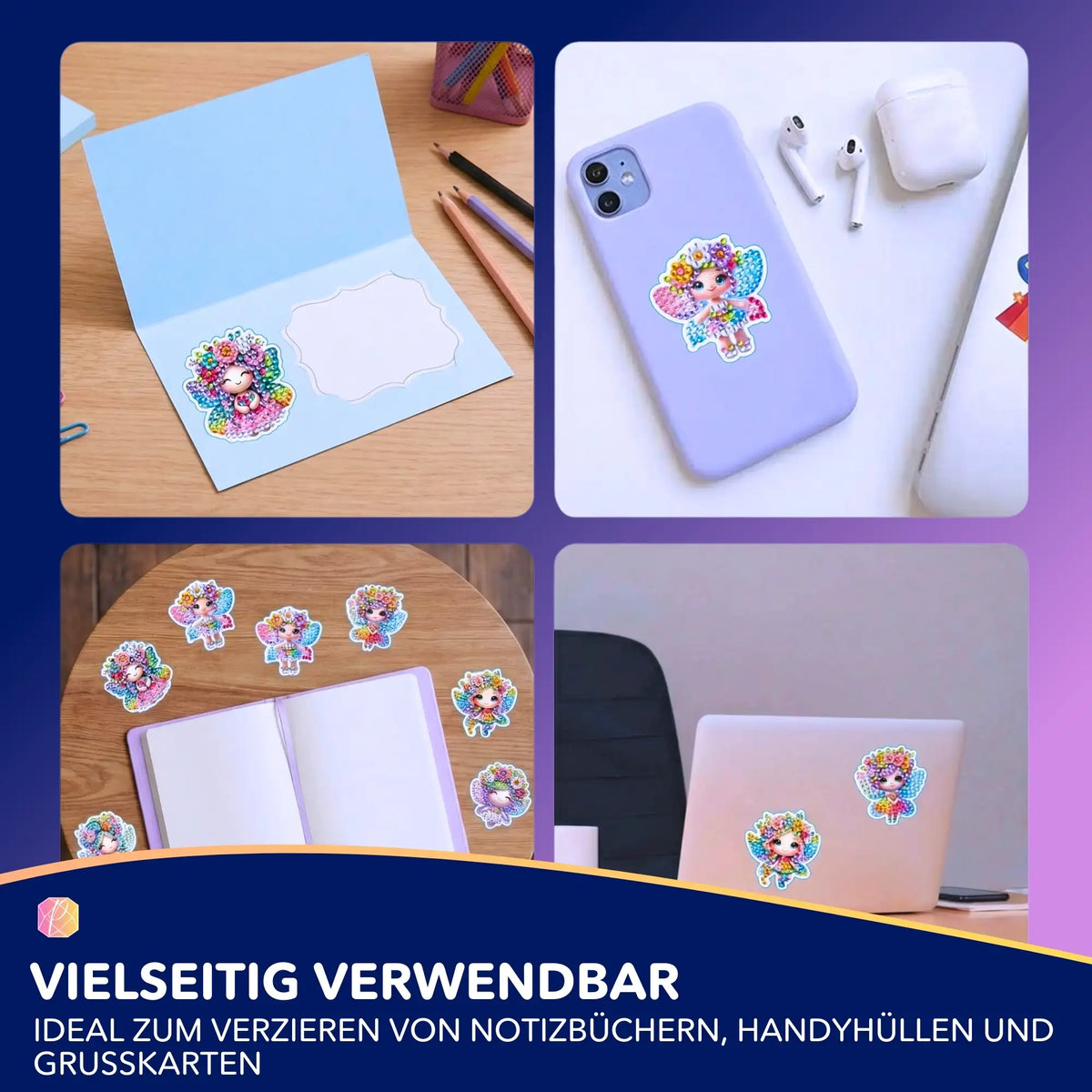 Diamond Painting Sticker Set Blumenfeen auf Notizbuch, Handyhülle und Grußkarte zur kreativen DIY-Gestaltung.