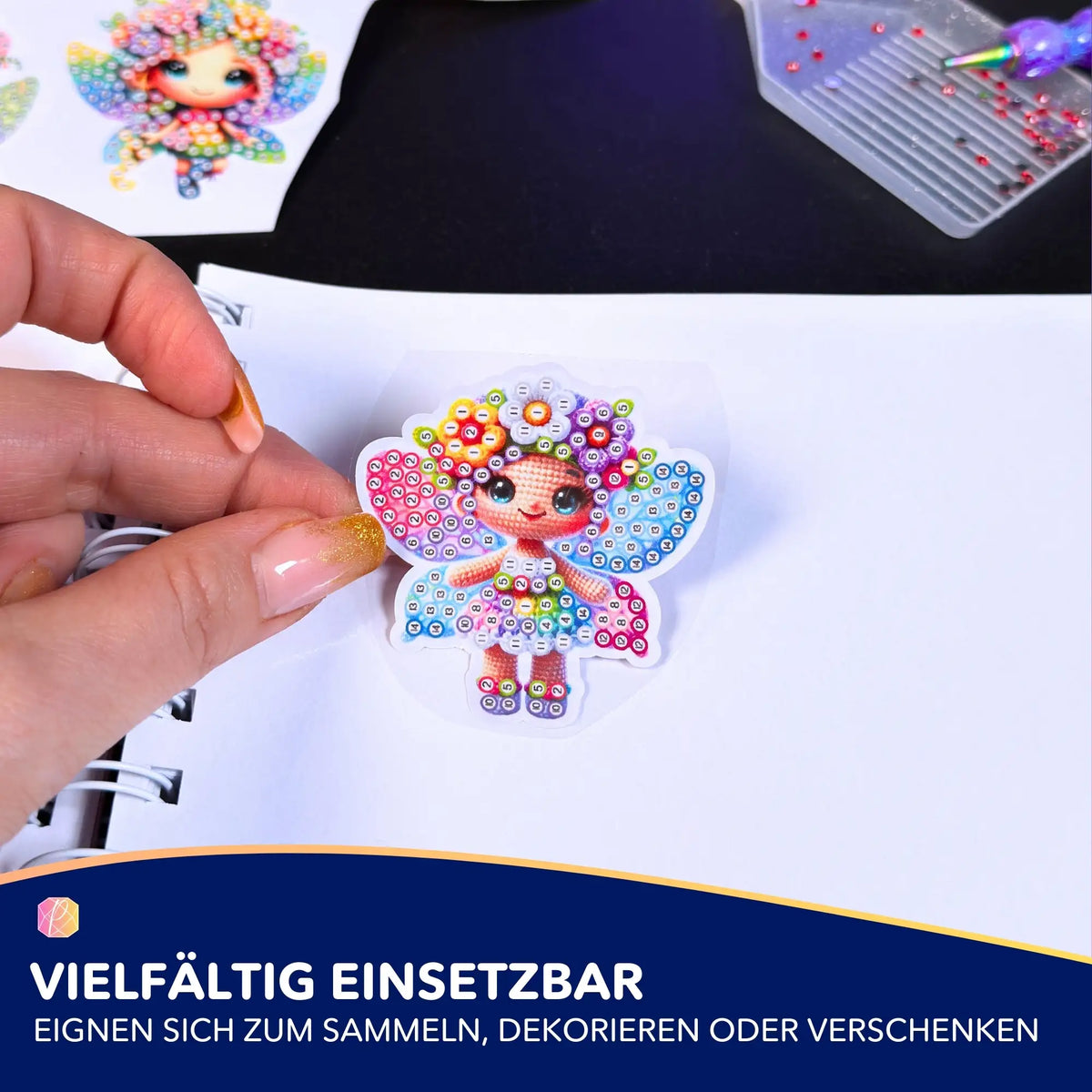 Diamond Painting Sticker Motiv Blumenfee mit bunten Zahlenfeldern für einfaches DIY Basteln