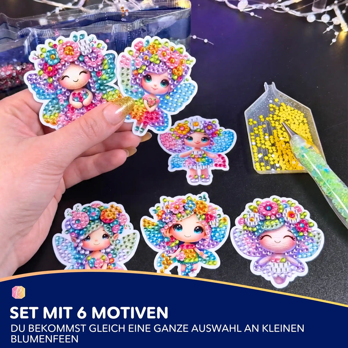 Bunte Diamond Painting Sticker mit Blumenfeen Motiven und Glitzersteinen für DIY-Bastelsets für Kinder