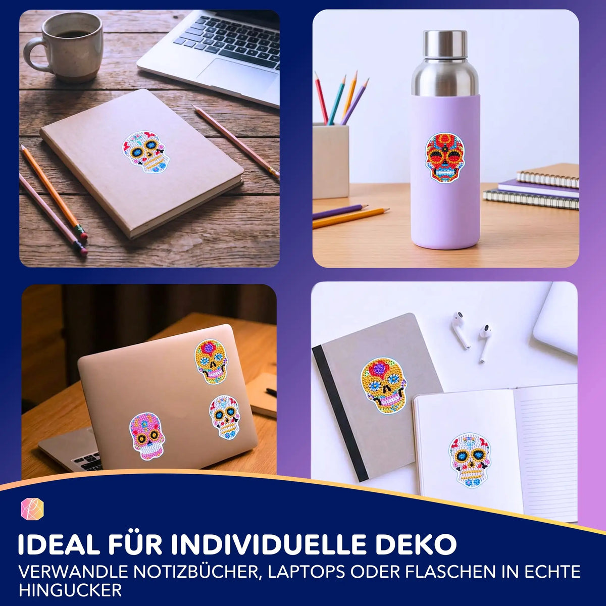 Bunte Totenkopf Diamond Painting Sticker auf Trinkflasche, Laptop und Notizbuch als kreative DIY-Deko für den Alltag.