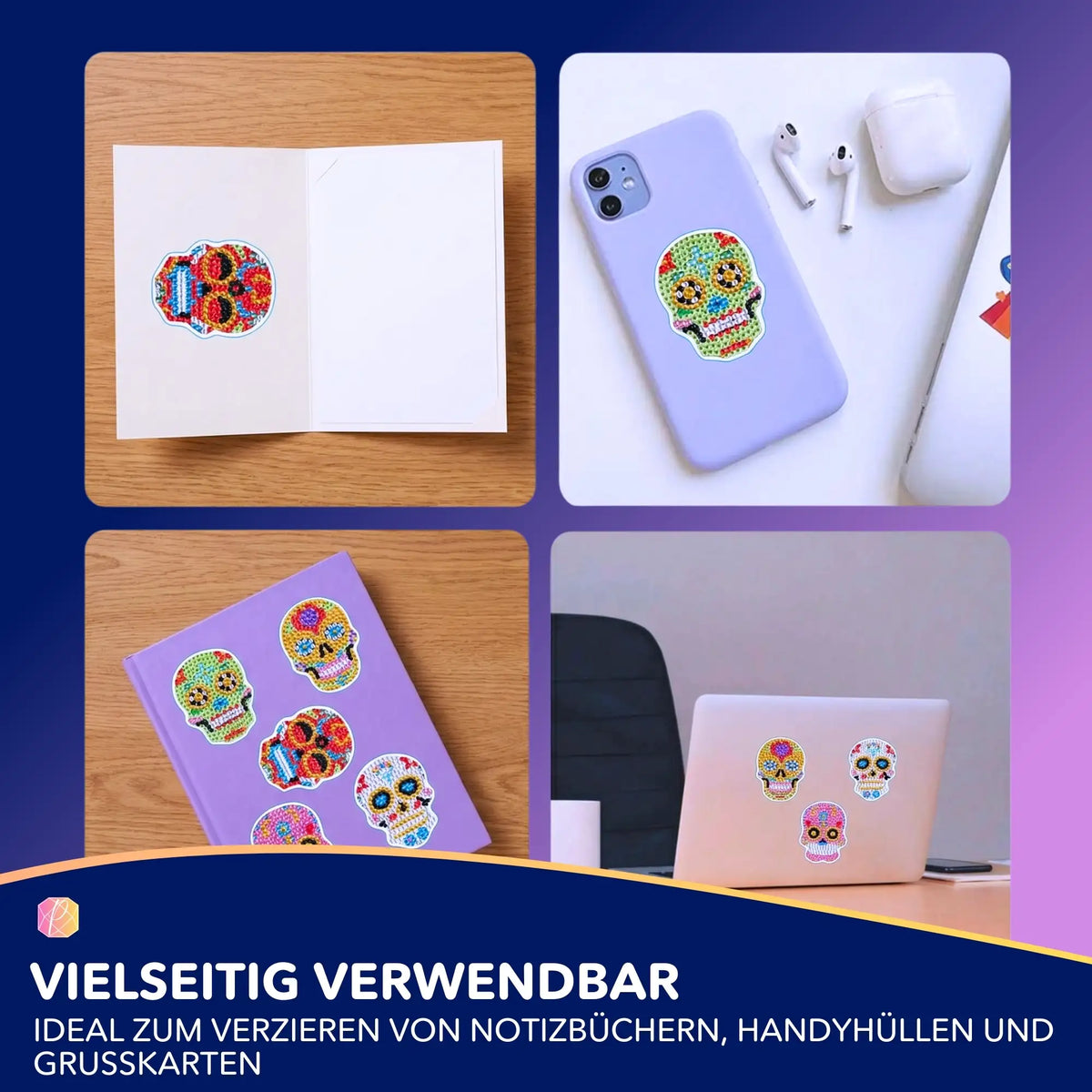 Bunte Diamond Painting Sticker mit Totenkopf-Motiven auf Handyhülle, Notizbuch und Grußkarte.