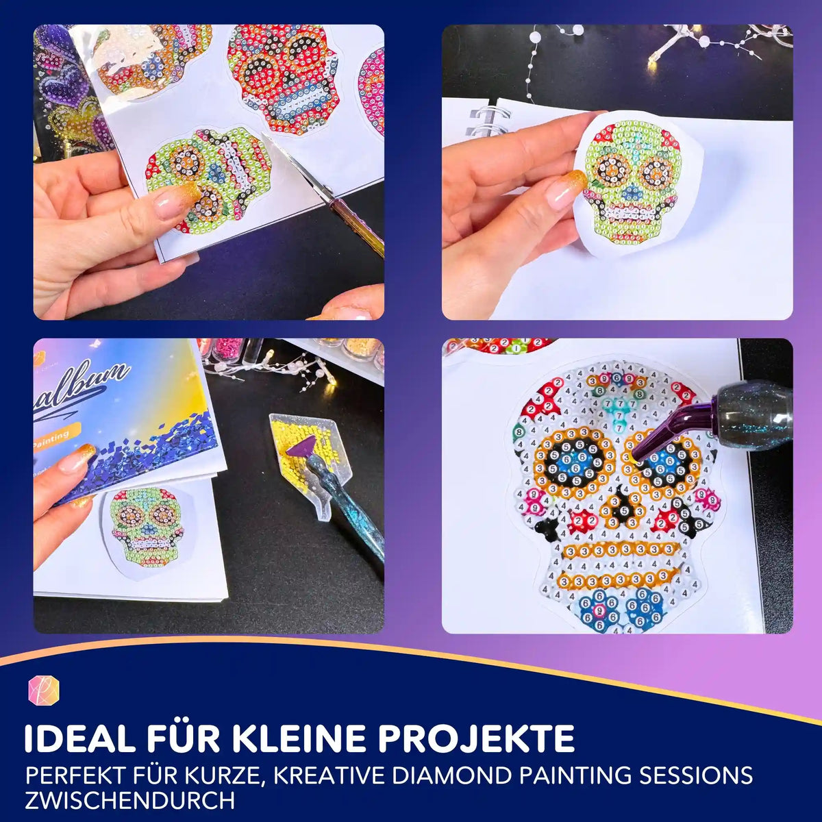 Diamond Painting Sticker Set mit bunte Totenköpfe Motiven beim Basteln mit Glitzersteinen und Applikator