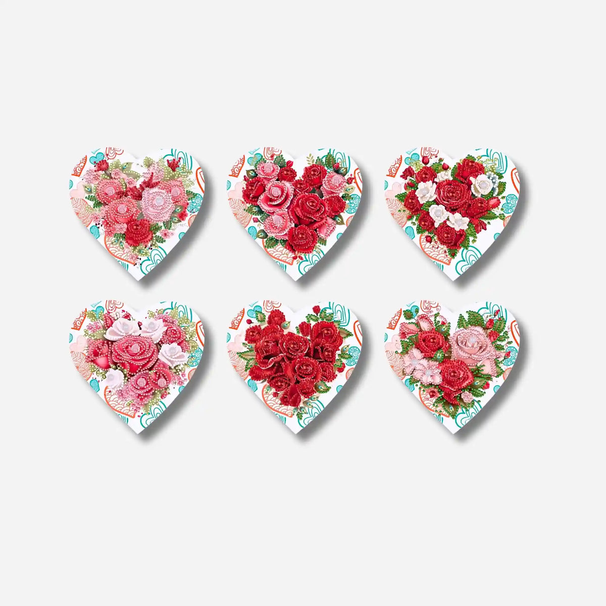 6er Set Diamond Painting Geschenkkarten in Herzform mit funkelnden Blumenmotiven als DIY-Valentinstag Geschenk.