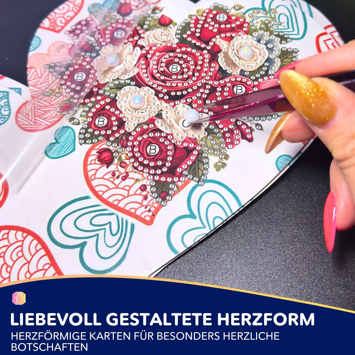 Diamond Painting Herz Grußkarte zum Selbermachen mit glitzernden Steinen und romantischem Rosen-Motiv