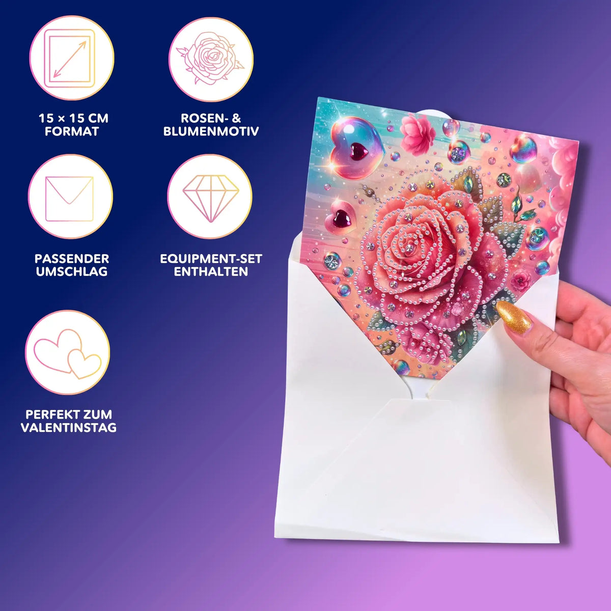 Diamond Painting Glückwunschkarte mit Rosenmotiv und funkelnden Steinen im 15x15 cm Format inklusive Umschlag