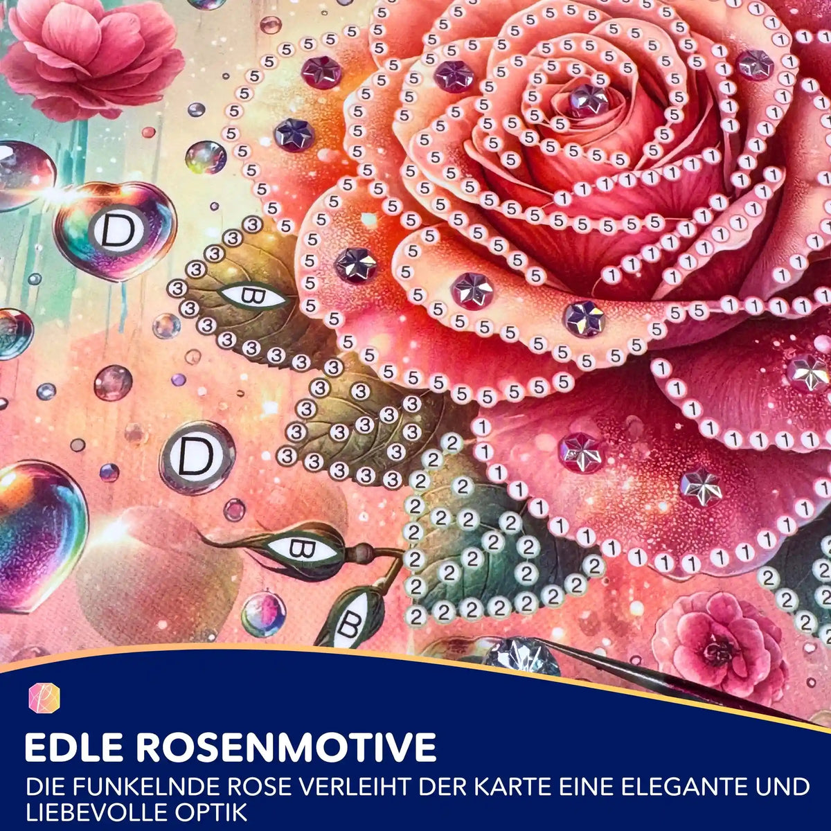 Diamond Painting Glückwunschkarte mit Rosenmotiv und teilweise gesetzten, funkelnden Steinen auf bedruckter Vorlage