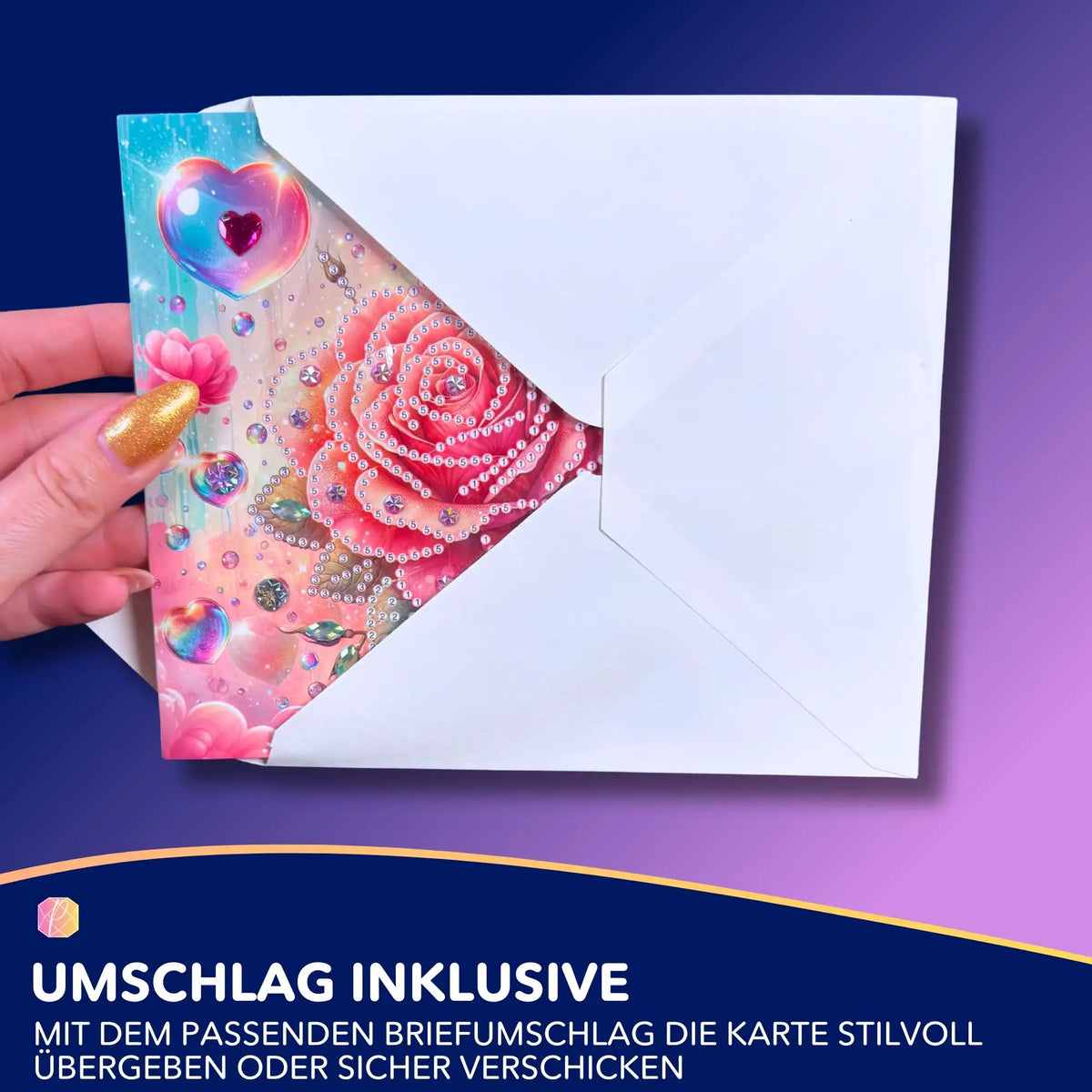 Diamond Painting Glückwunschkarte mit Rosenmotiv und funkelnden Glitzersteinen in einem weißen Briefumschlag
